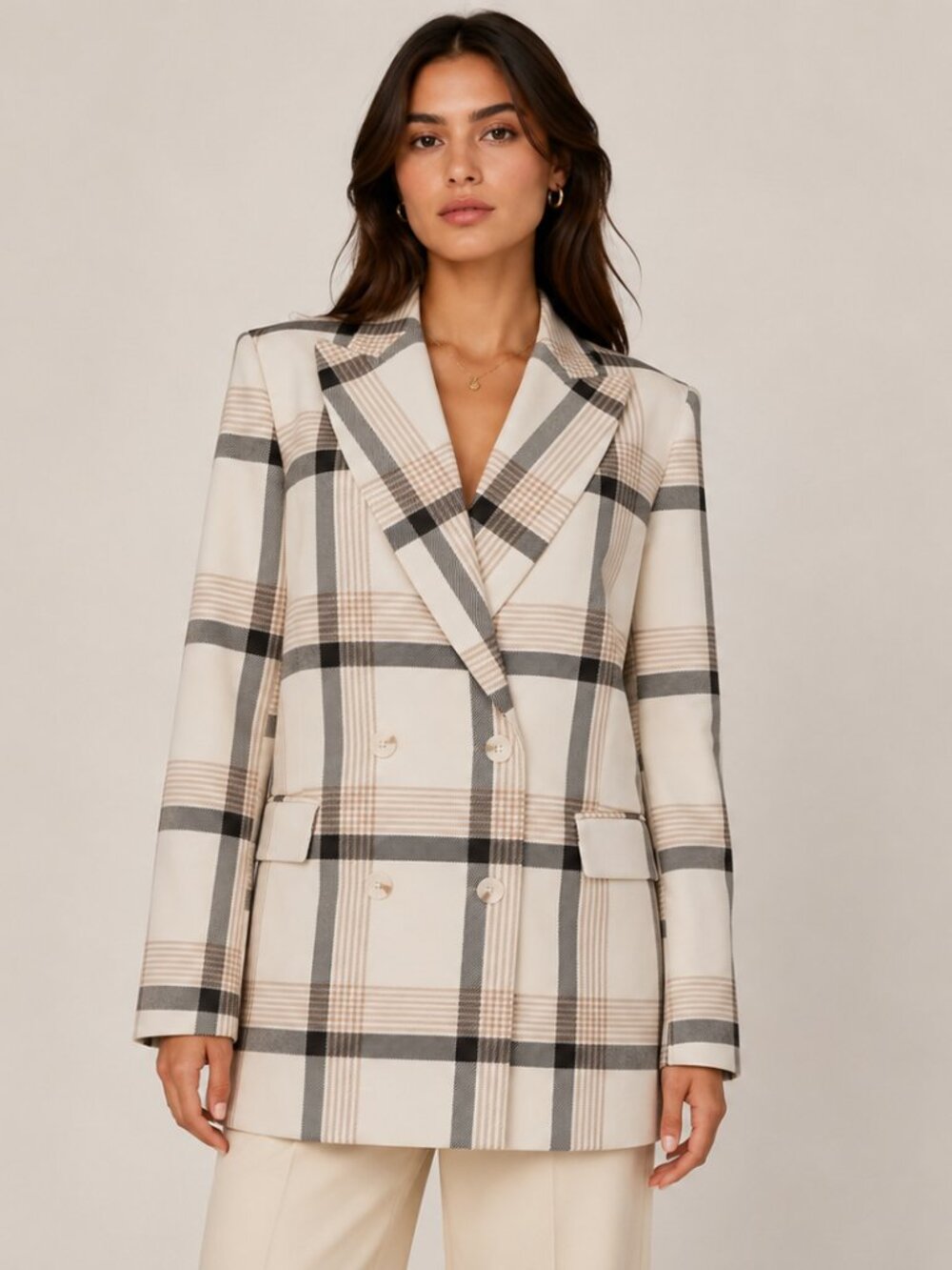 Plaid Double-Breasted Blazer Jacket in Cream